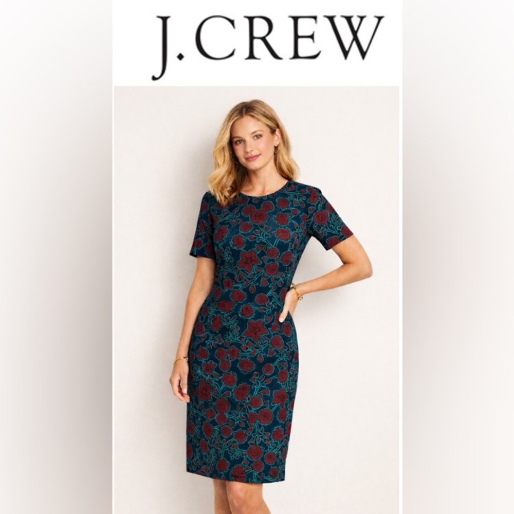 J. Crew Short-Sleeved Sheath Dress Navy Magenta Teal Floral Pattern Size 6